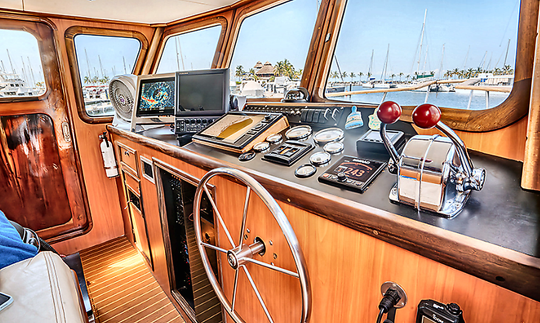 The helm station and electronics aboard the multi-day offshore boat